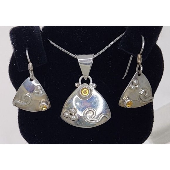 Jewelry Necklace Earrings Set Round Citrine 18" Silver Chain weight 9 Gr - Picture 1 of 16